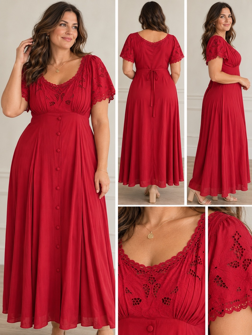 Red Eyelet Maxi Dress with Button Front and Tie Back